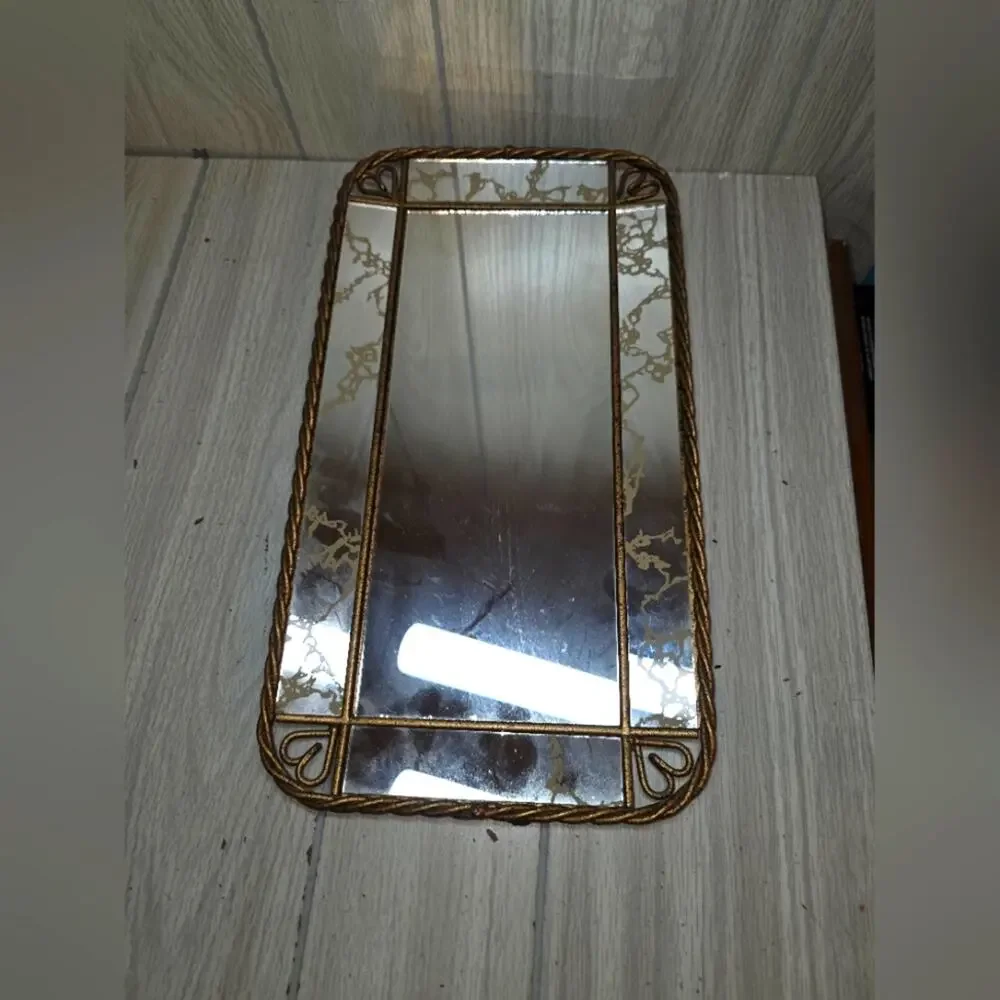 Vtg 70s Ornate Vanity Tray Gilded Gold Twisted Metal Mirrored Accent Mirror MCM